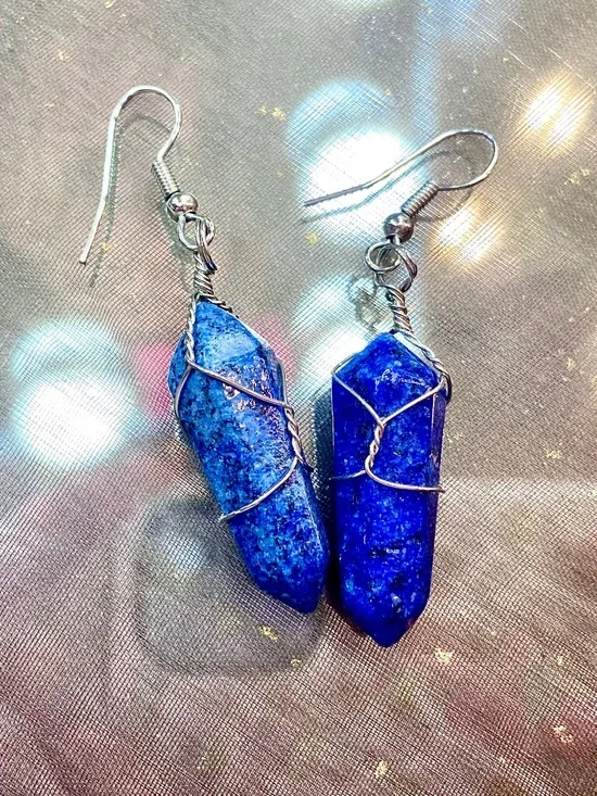 Faux Lapis Lazuli Earrings Royal Blue Gem Stone Women’s Bohemian Chic Jewelry - Picture 2 of 3